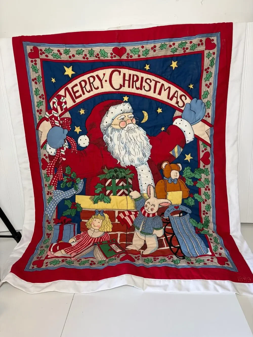VINTAGE Christmas Santa Claus Wallhanging Screen Print Decoration Holiday 37”x46